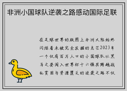 非洲小国球队逆袭之路感动国际足联