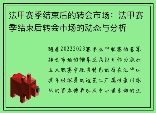 法甲赛季结束后的转会市场：法甲赛季结束后转会市场的动态与分析