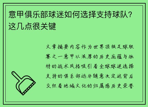 意甲俱乐部球迷如何选择支持球队？这几点很关键